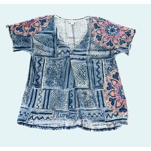 SUNDANCE Boho Short Sleeve V Neck Embroidered T Shirt Top Blouse Sz XL